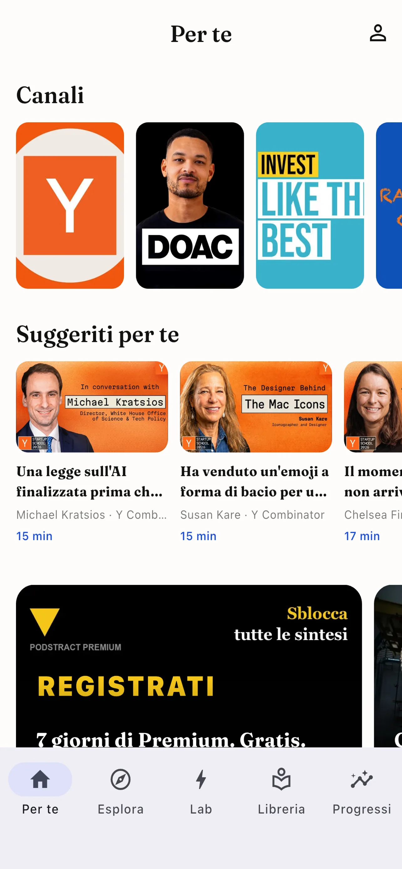 Schermata "Per te" dell'app Podstract, con canali, suggerimenti personalizzati e prova Premium