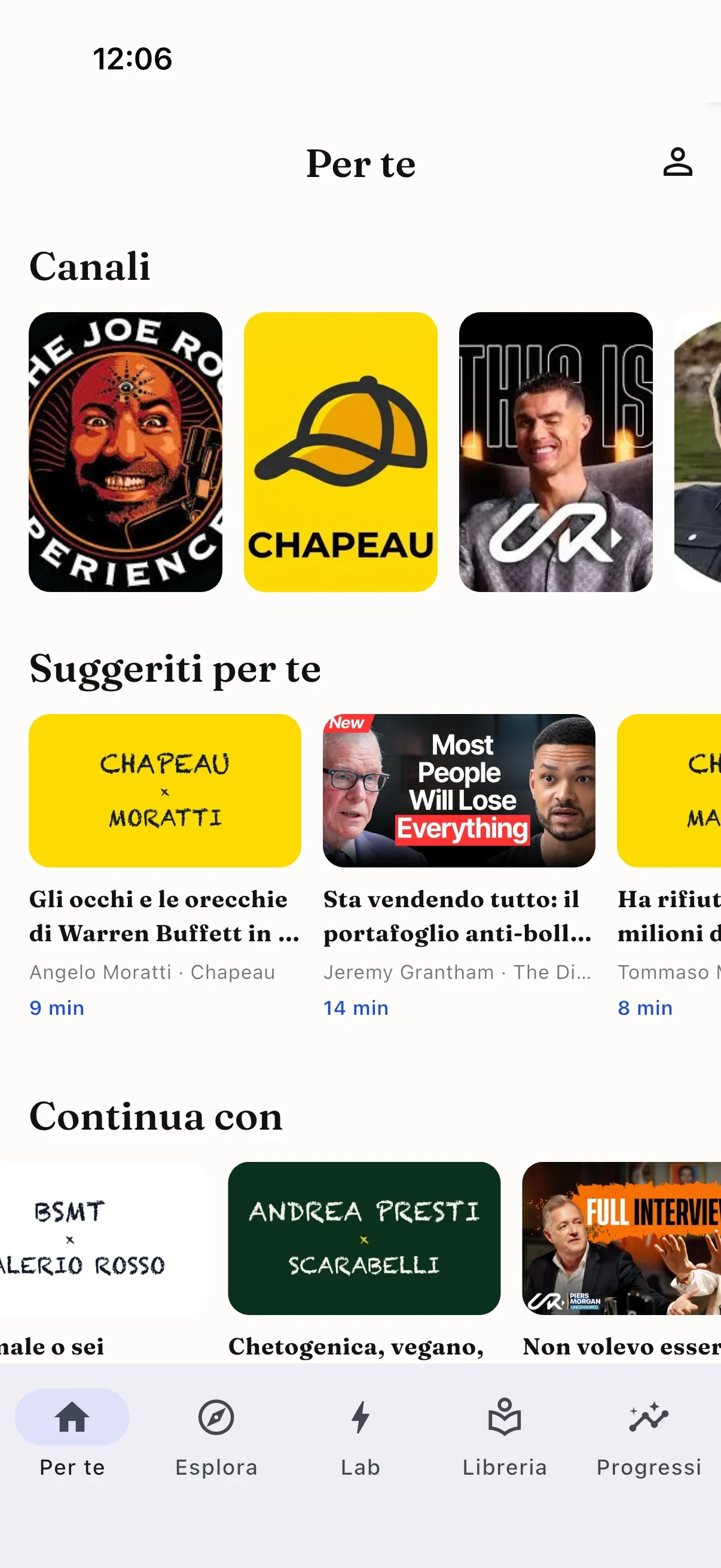 Schermata "Per te" dell'app Podstract, con suggerimenti personalizzati